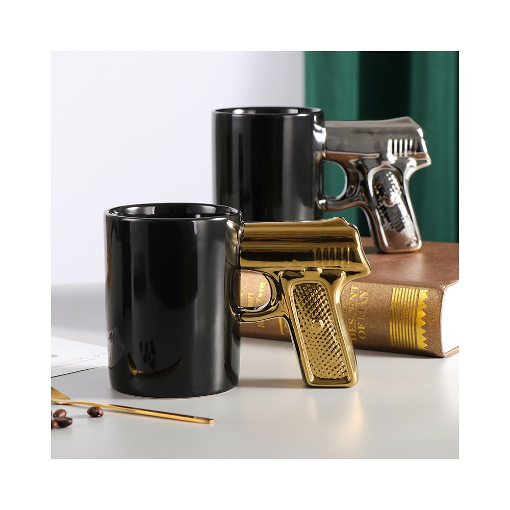 Creative ceramic mug gold and silver pistol mug gun handle mug personalized water cup coffee cup 3D shaped cup colored glaze cup image 0