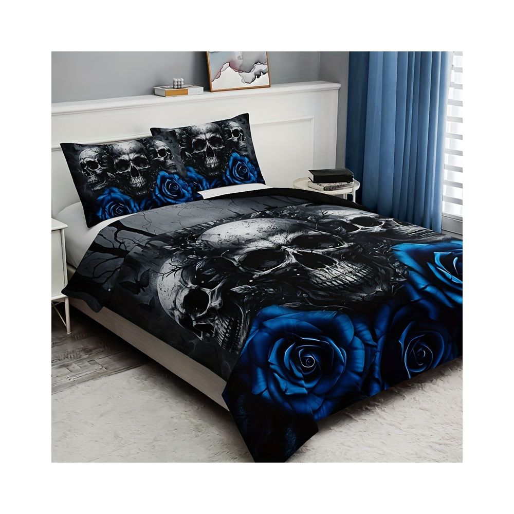 Bộ chăn ga gối ba món họa tiết hoa hồng và đầu lâu xuyên biên giới đồ dệt may gia dụng bộ chăn ga gối bán hàng trực tiếp từ nhà máy image 1