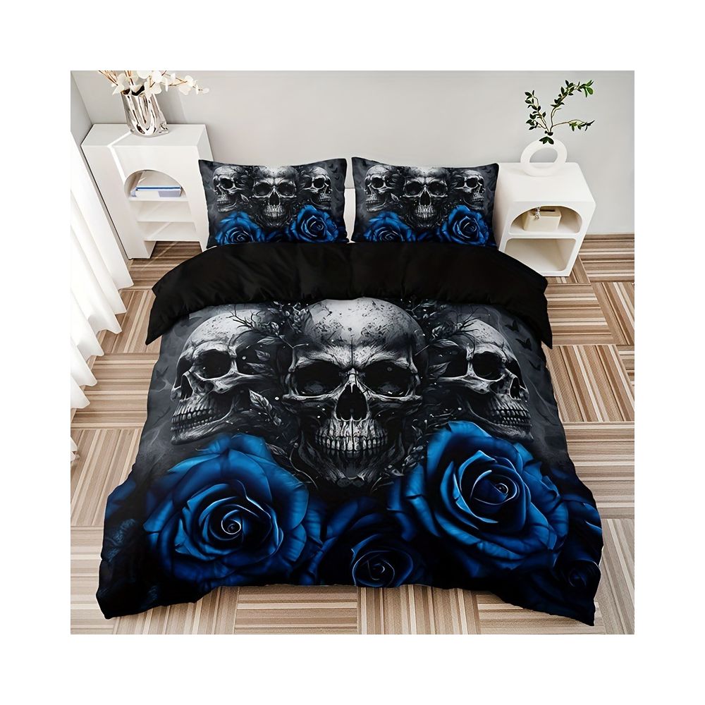 Bộ chăn ga gối ba món họa tiết hoa hồng và đầu lâu xuyên biên giới đồ dệt may gia dụng bộ chăn ga gối bán hàng trực tiếp từ nhà máy image 2