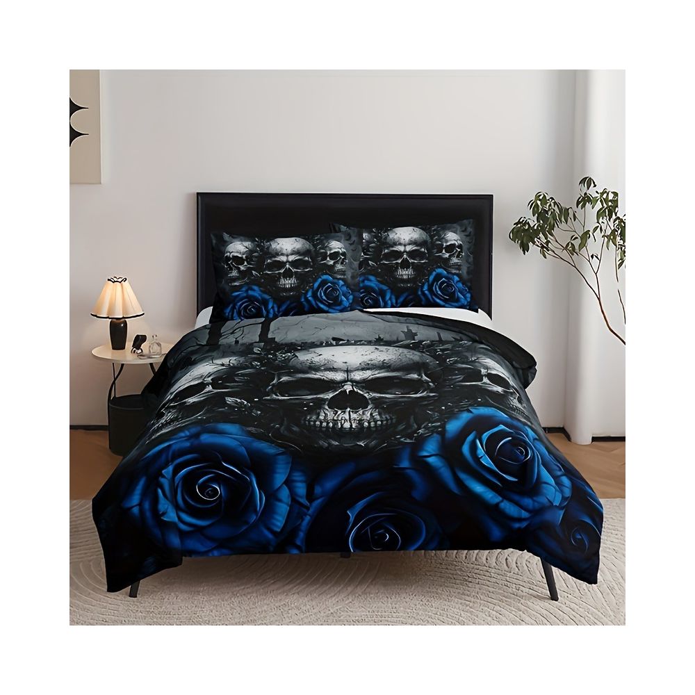 Bộ chăn ga gối ba món họa tiết hoa hồng và đầu lâu xuyên biên giới đồ dệt may gia dụng bộ chăn ga gối bán hàng trực tiếp từ nhà máy image 3