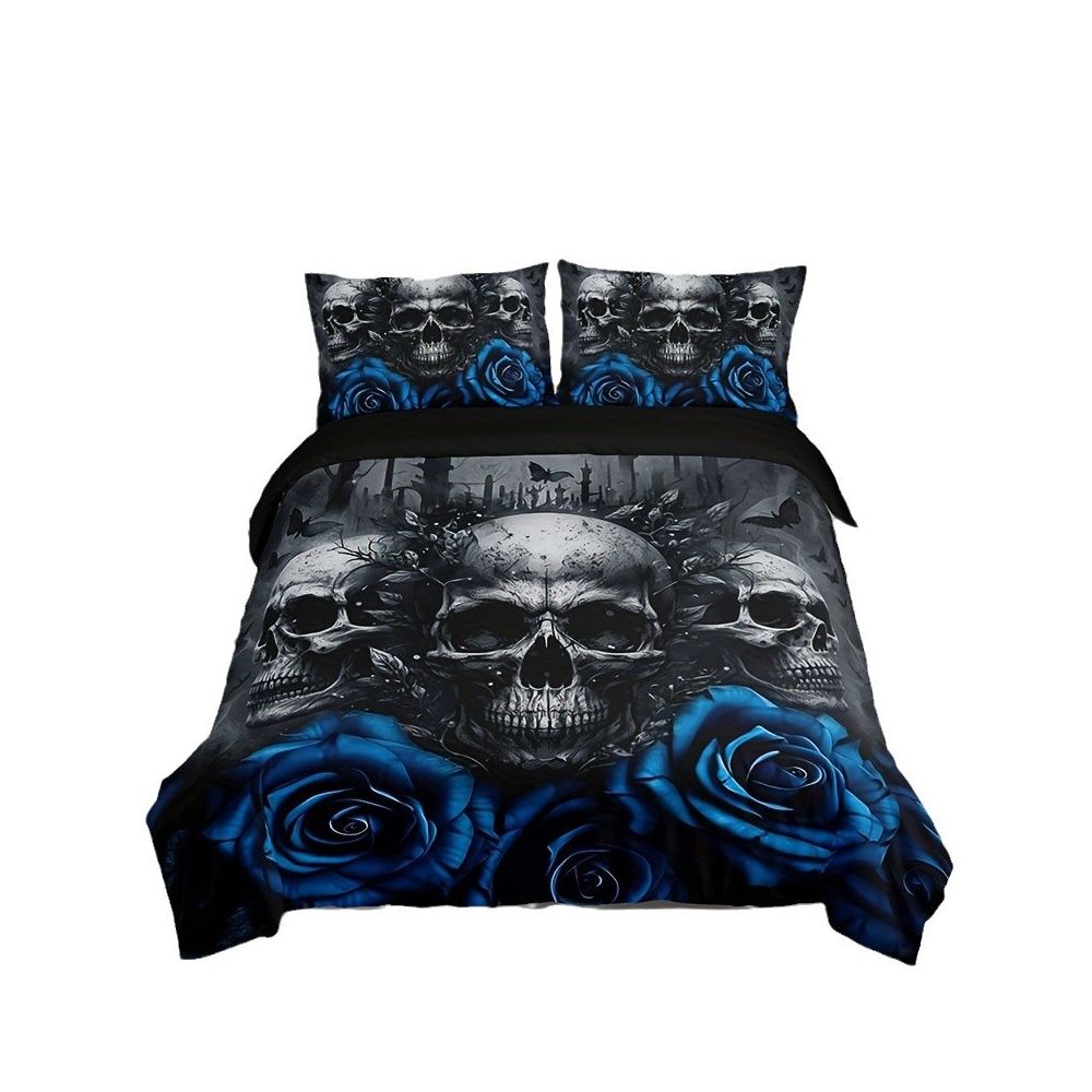 Bộ chăn ga gối ba món họa tiết hoa hồng và đầu lâu xuyên biên giới đồ dệt may gia dụng bộ chăn ga gối bán hàng trực tiếp từ nhà máy image 4