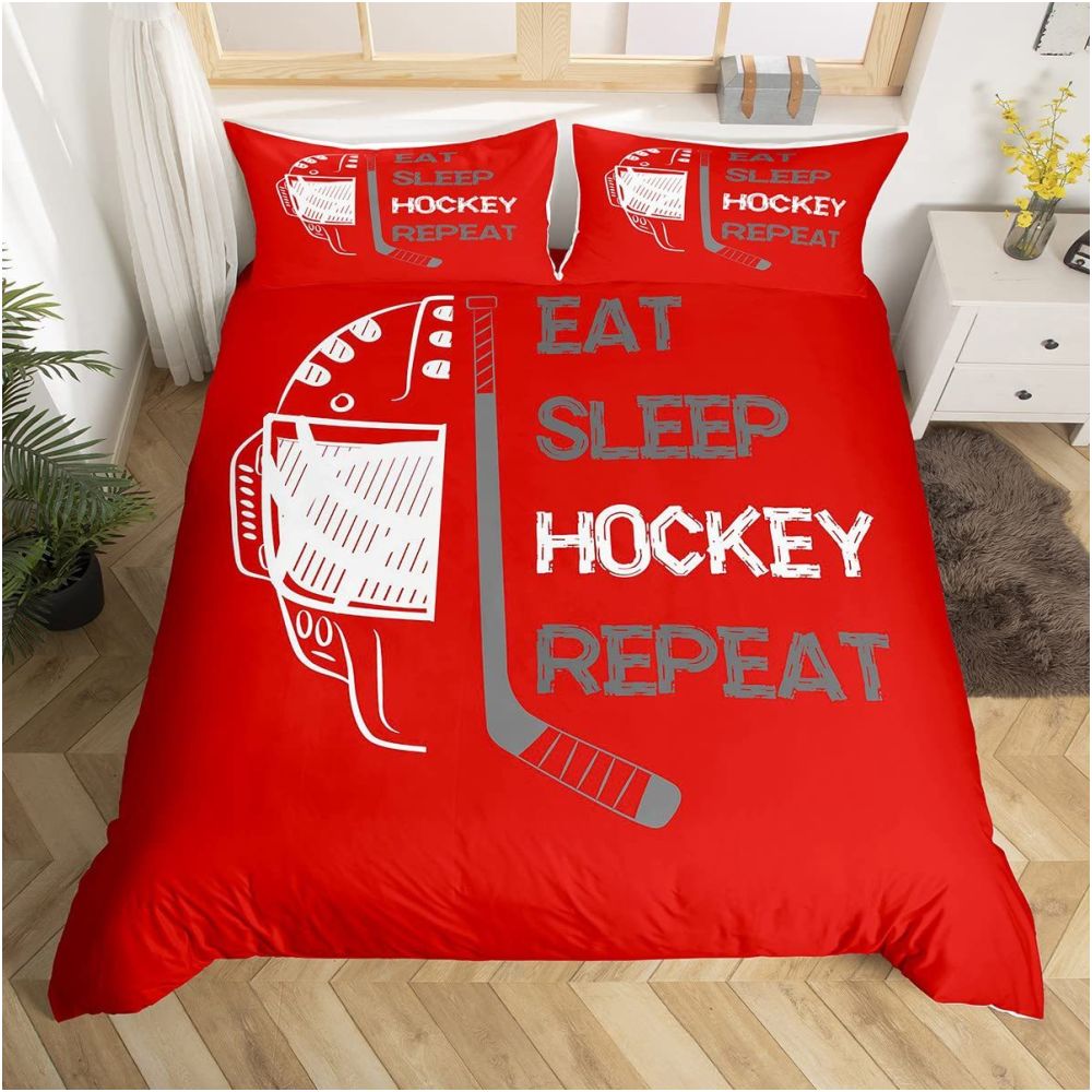 Nestfyhome Ice Hockey and Field Hockey Bedding Set – Sports Bed Down Comforter, Children’s Winter Sports & Games, 3-Piece Set