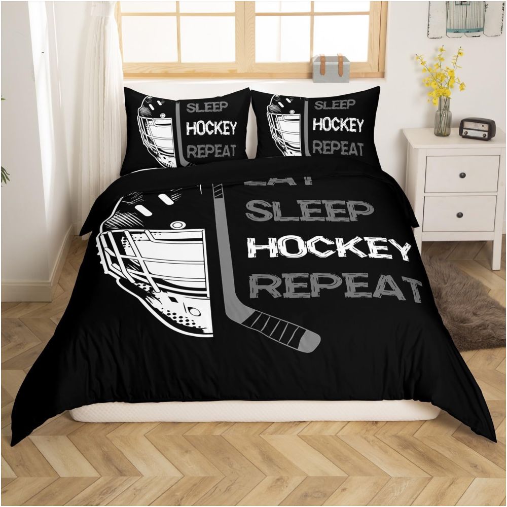 Nestfyhome Ice Hockey and Field Hockey Bedding Set – Sports Bed Down Comforter, Children’s Winter Sports & Games, 3-Piece Set