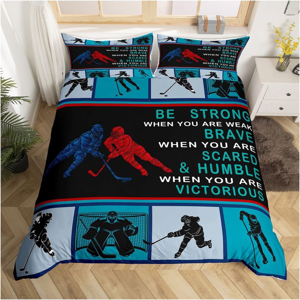 Nestfyhome Ice Hockey and Field Hockey Bedding Set – Sports Bed Down Comforter, Children’s Winter Sports & Games, 3-Piece Set