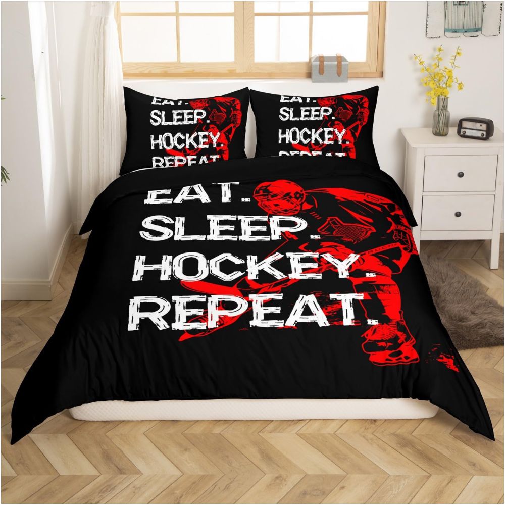 Nestfyhome Ice Hockey and Field Hockey Bedding Set – Sports Bed Down Comforter, Children’s Winter Sports & Games, 3-Piece Set