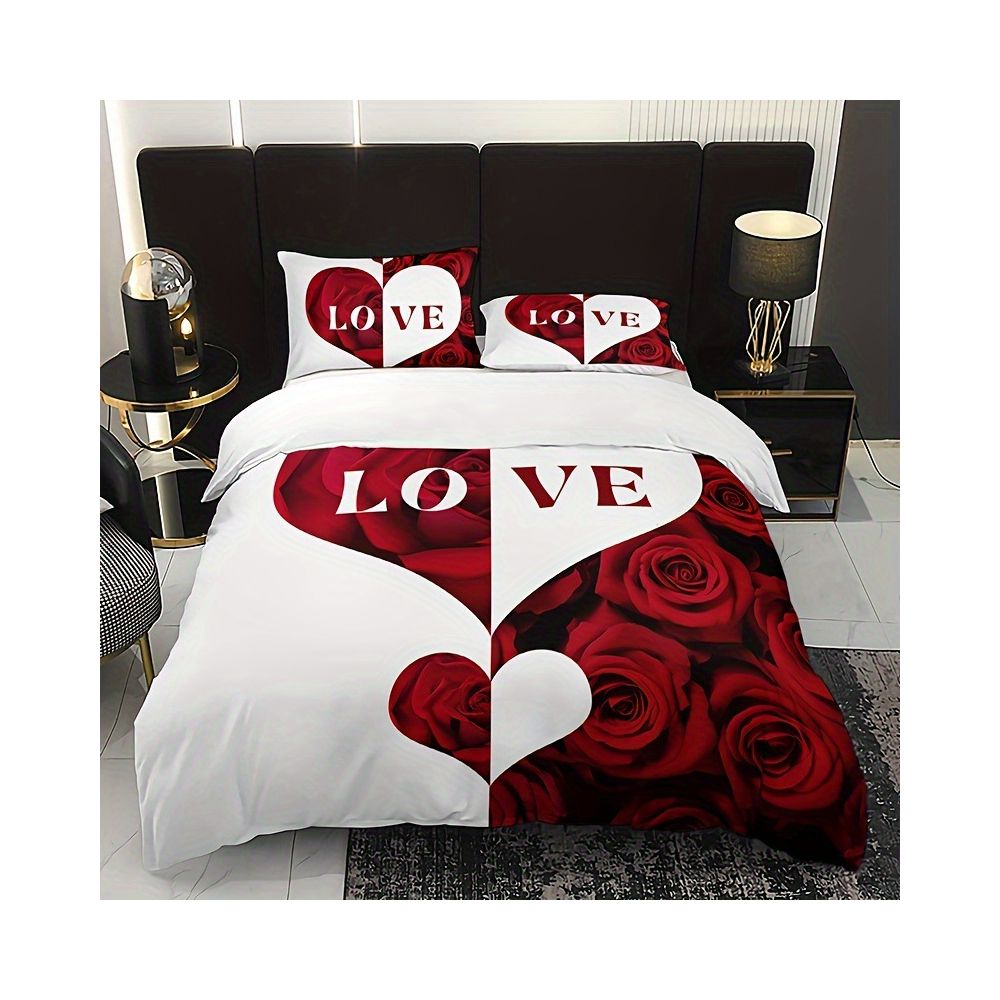 Valentine s Day heart shaped rose print down duvet cover brushed three piece bedding set source factory exclusively for foreign trade and cross border e commerce image 0