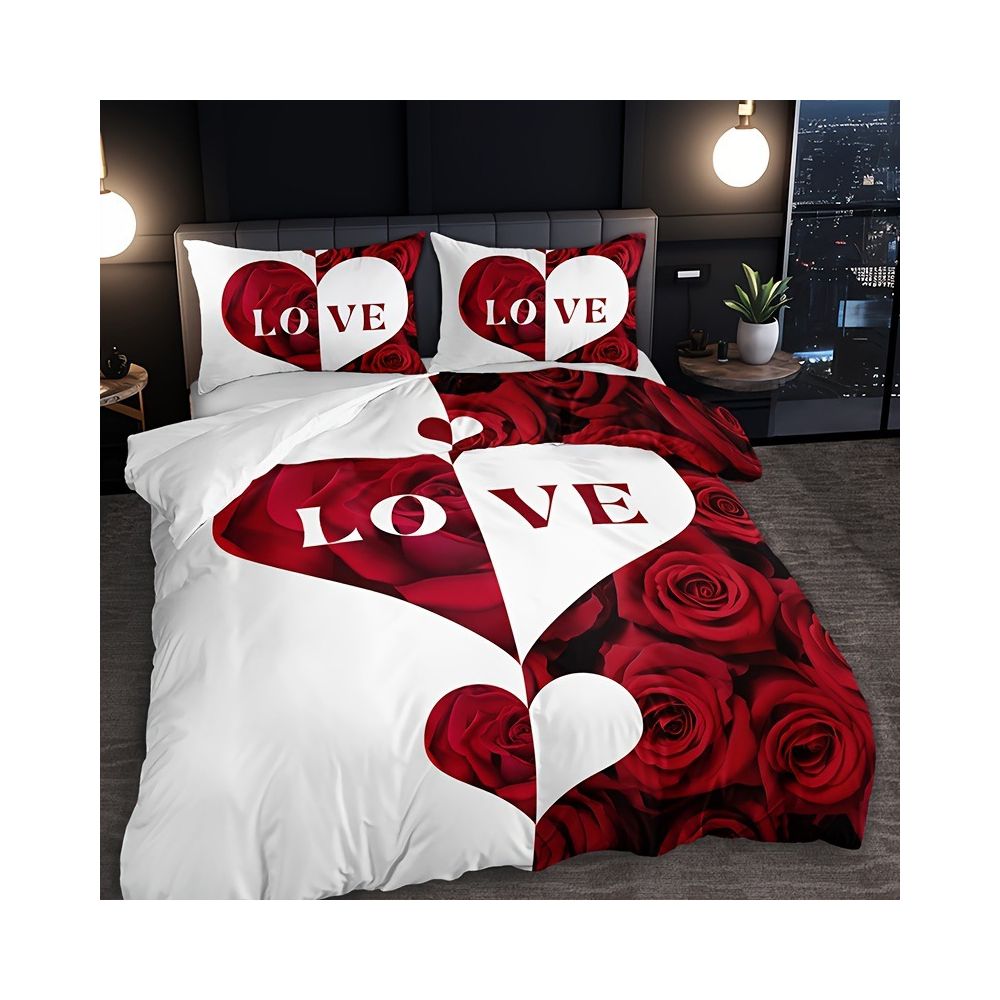 Valentine s Day heart shaped rose print down duvet cover brushed three piece bedding set source factory exclusively for foreign trade and cross border e commerce image 2