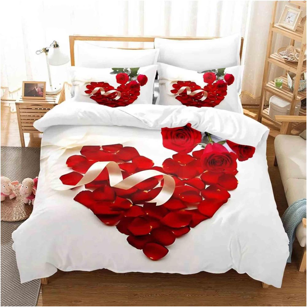 Nestfyhome Heart-Shaped Rose Print Down Duvet Cover – Brushed 3-Piece Bedding Set