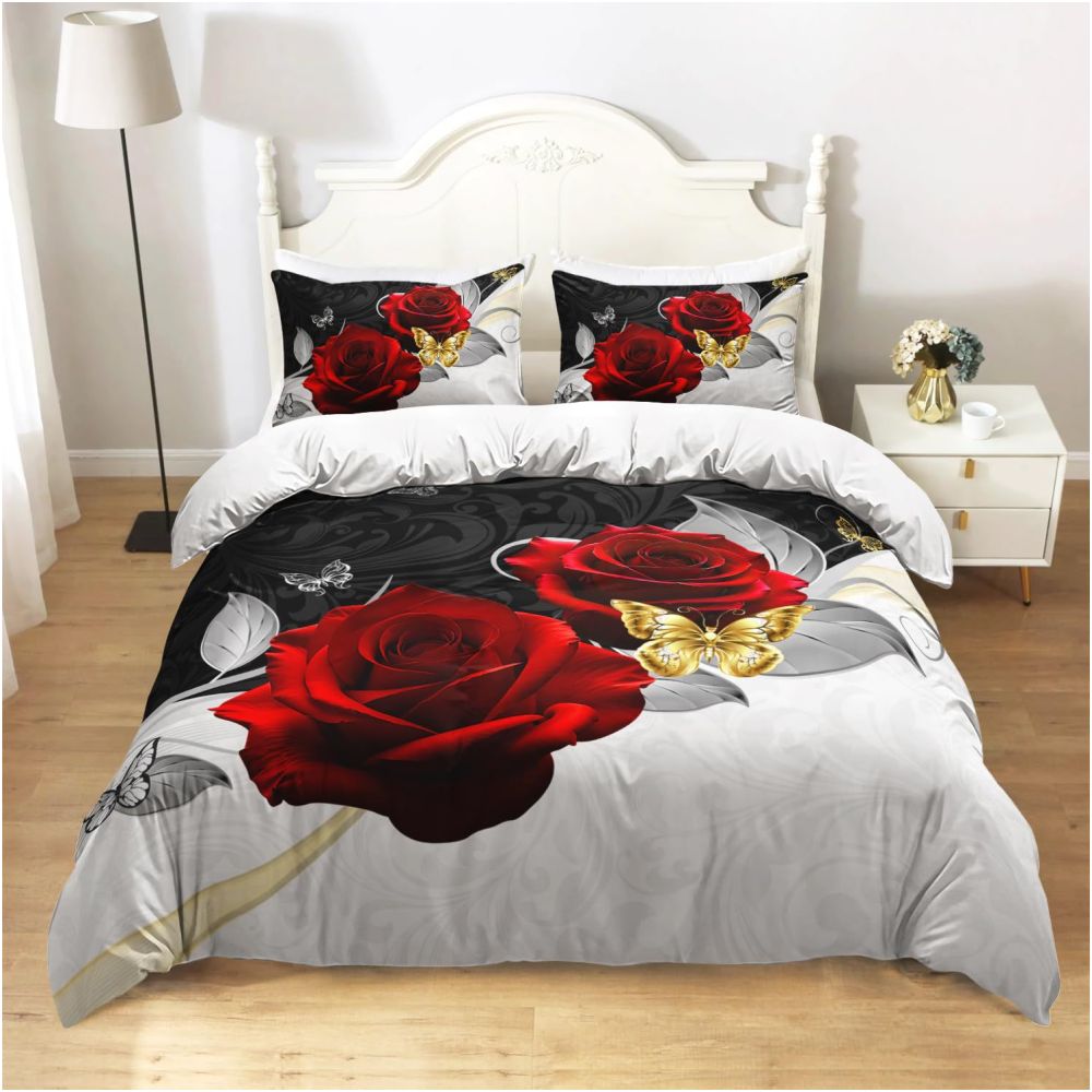 Nestfyhome Heart-Shaped Rose Print Down Duvet Cover – Brushed 3-Piece Bedding Set