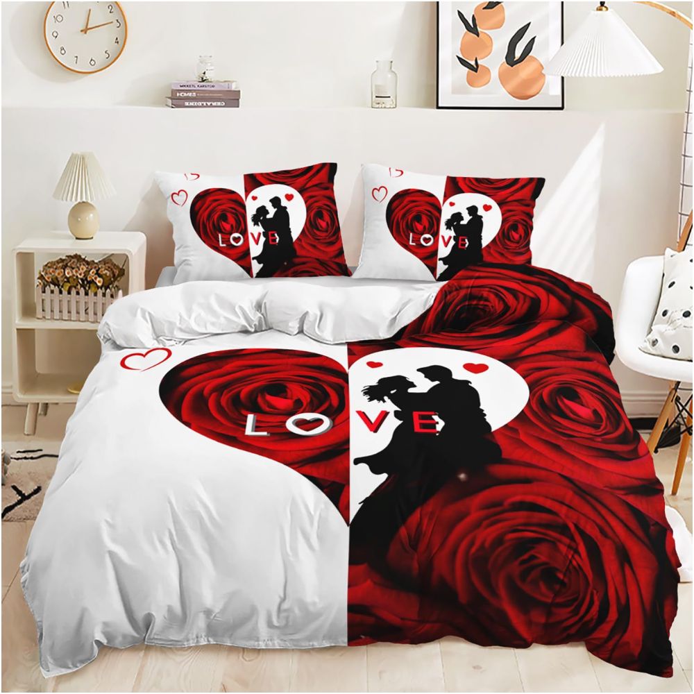 Nestfyhome Heart-Shaped Rose Print Down Duvet Cover – Brushed 3-Piece Bedding Set