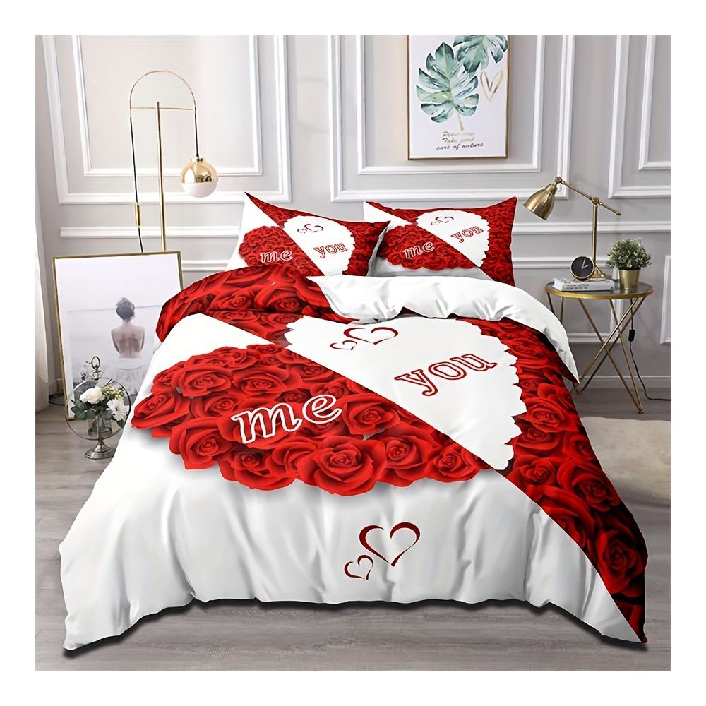 Nestfyhome Heart-Shaped Rose Print Down Duvet Cover – Brushed 3-Piece Bedding Set