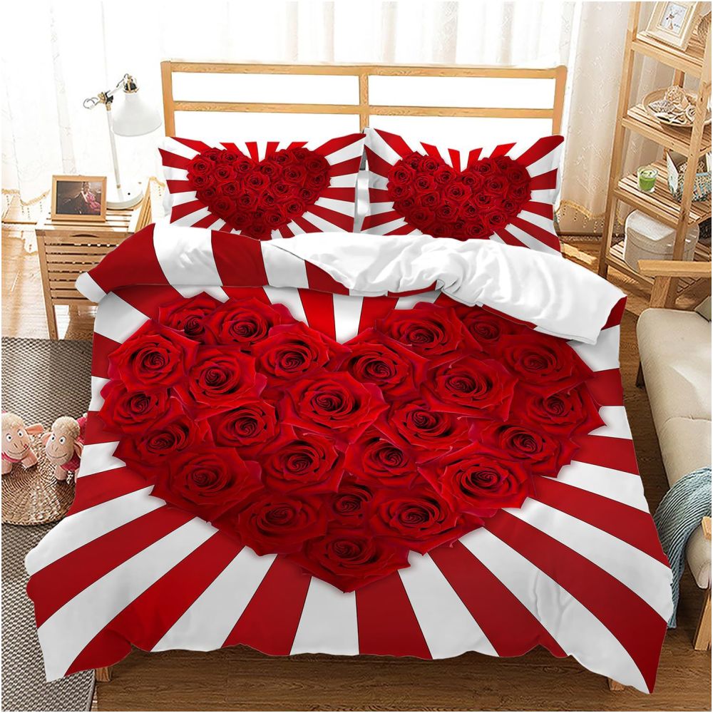 Nestfyhome Heart-Shaped Rose Print Down Duvet Cover – Brushed 3-Piece Bedding Set