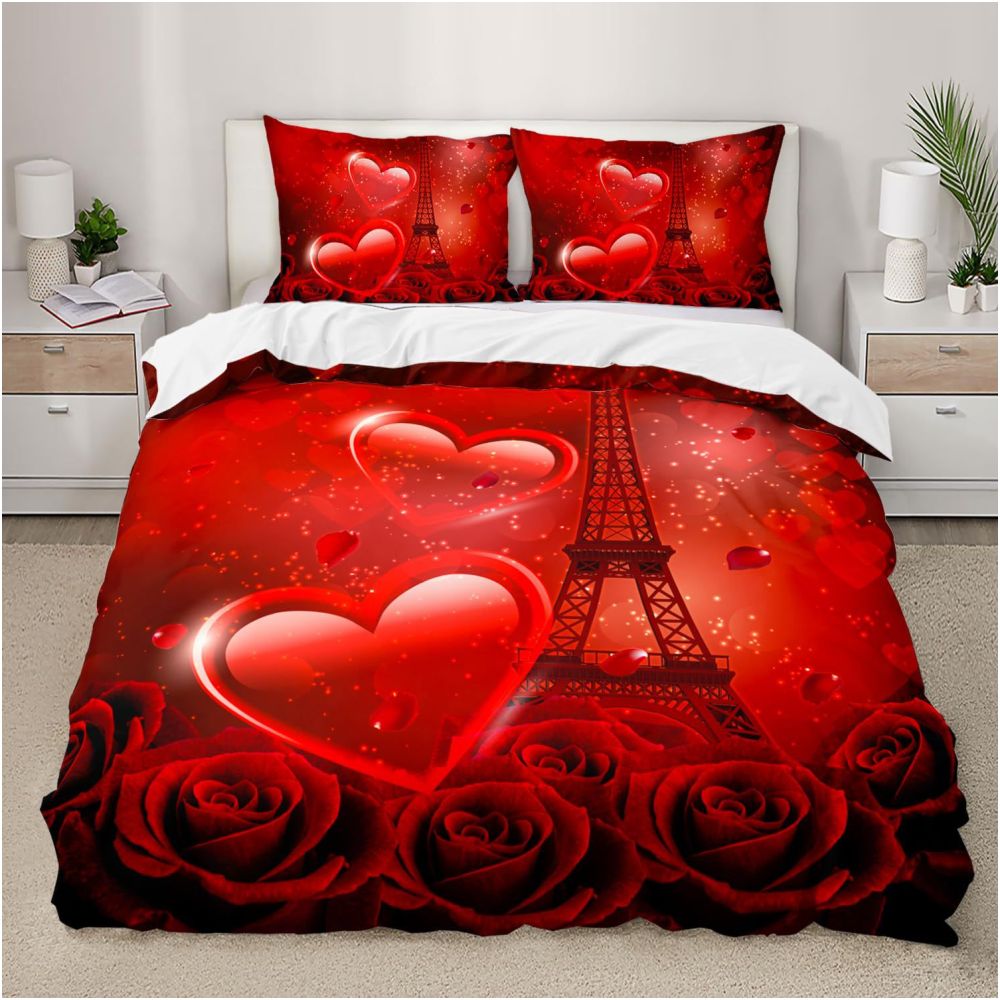 Nestfyhome Heart-Shaped Rose Print Down Duvet Cover – Brushed 3-Piece Bedding Set