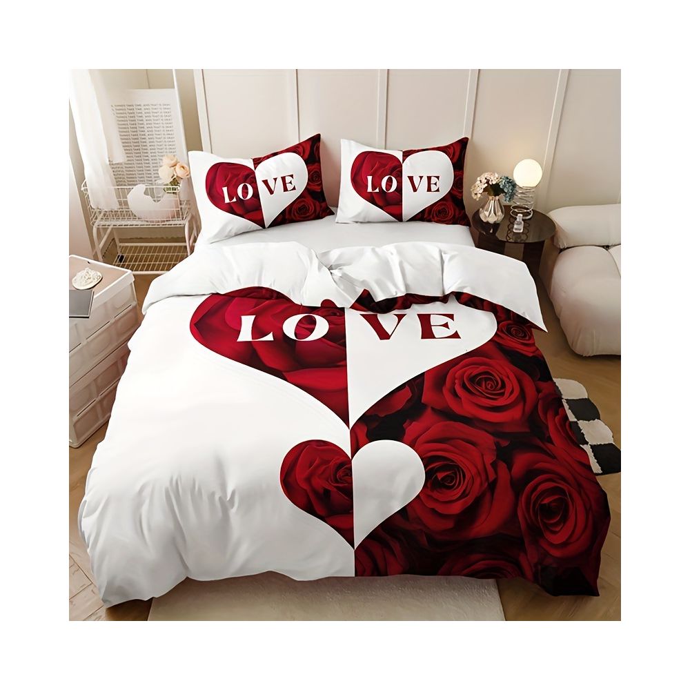 Nestfyhome Heart-Shaped Rose Print Down Duvet Cover – Brushed 3-Piece Bedding Set