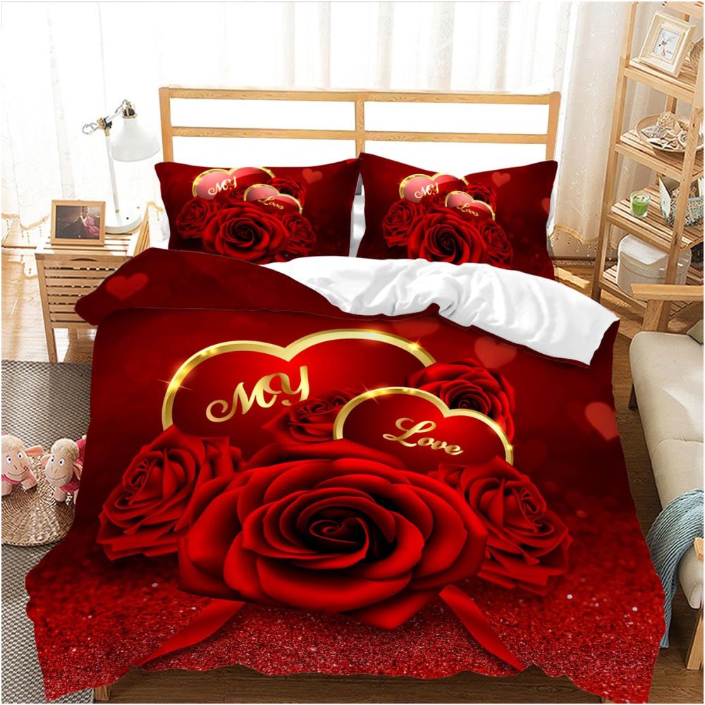 Nestfyhome Heart-Shaped Rose Print Down Duvet Cover – Brushed 3-Piece Bedding Set