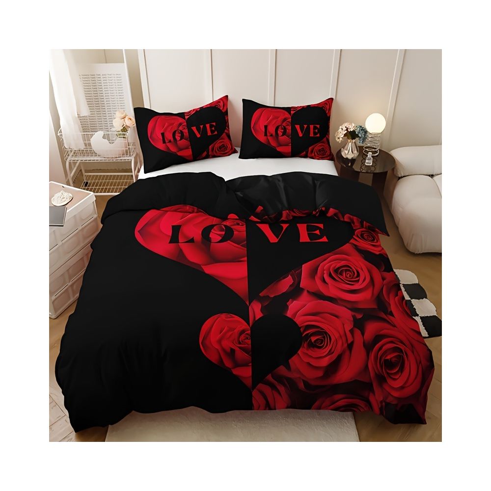 Nestfyhome Heart-Shaped Rose Print Down Duvet Cover – Brushed 3-Piece Bedding Set