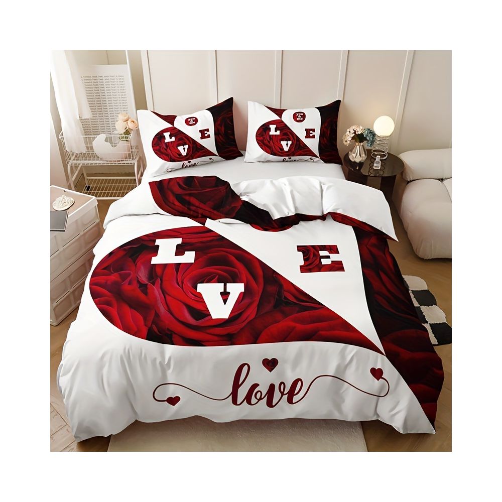 Nestfyhome Heart-Shaped Rose Print Down Duvet Cover – Brushed 3-Piece Bedding Set