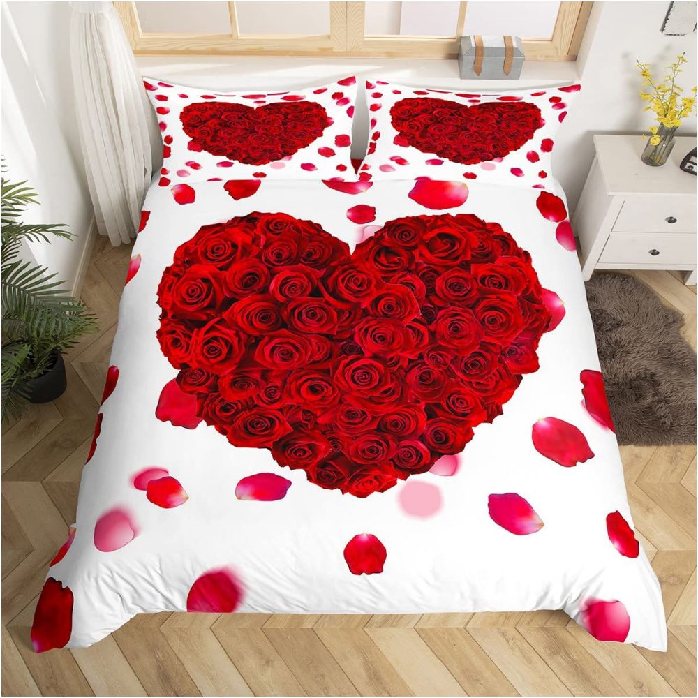 Nestfyhome Heart-Shaped Rose Print Down Duvet Cover – Brushed 3-Piece Bedding Set