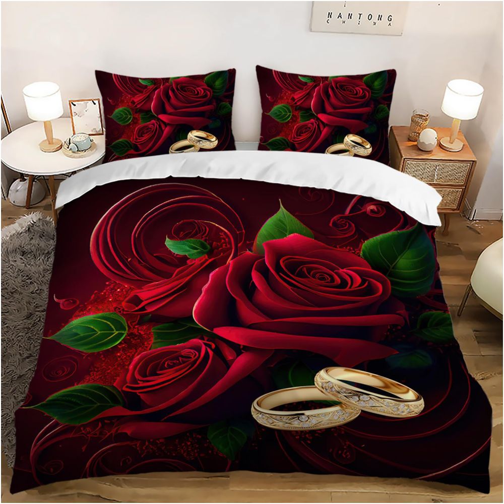 Nestfyhome Heart-Shaped Rose Print Down Duvet Cover – Brushed 3-Piece Bedding Set