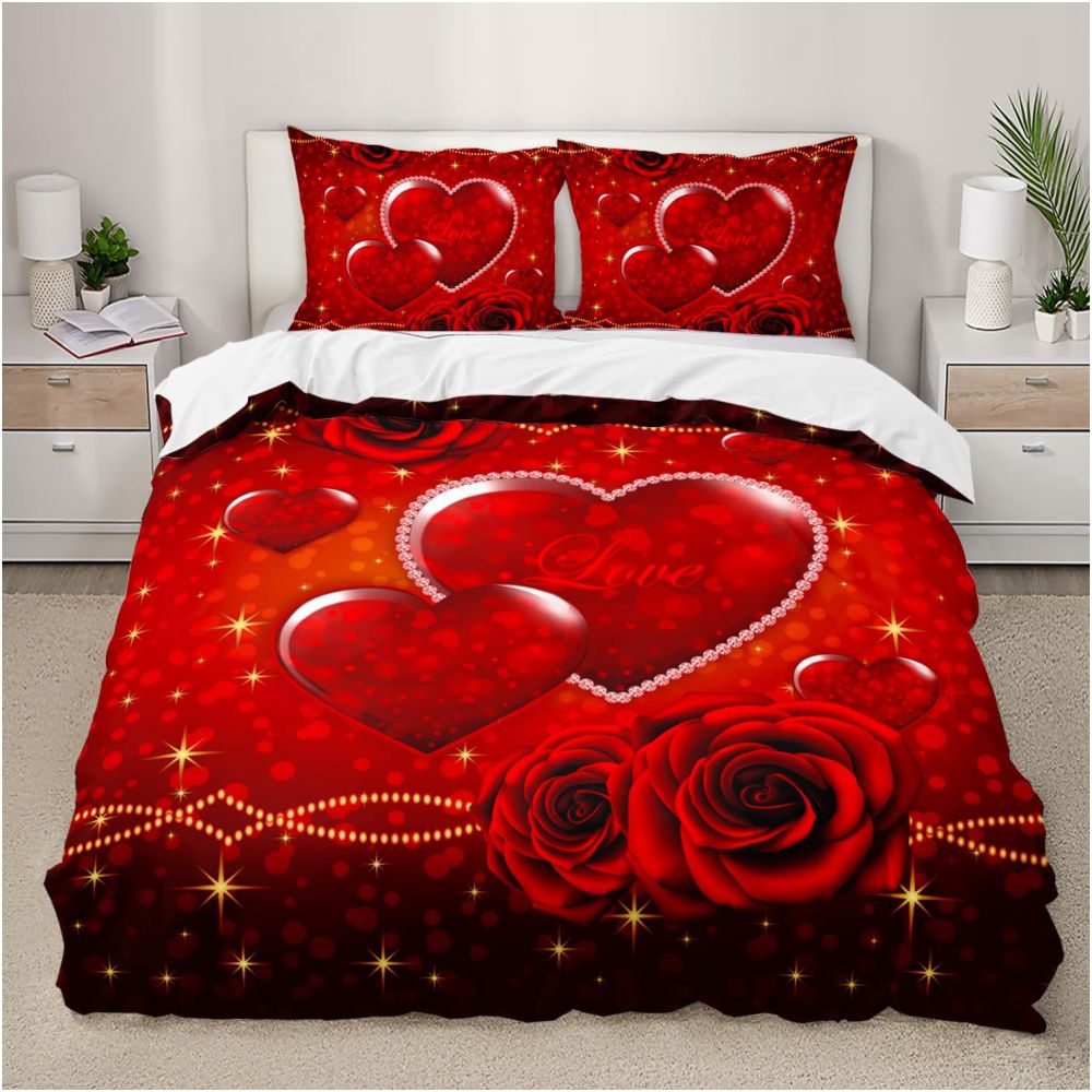 Nestfyhome Heart-Shaped Rose Print Down Duvet Cover – Brushed 3-Piece Bedding Set