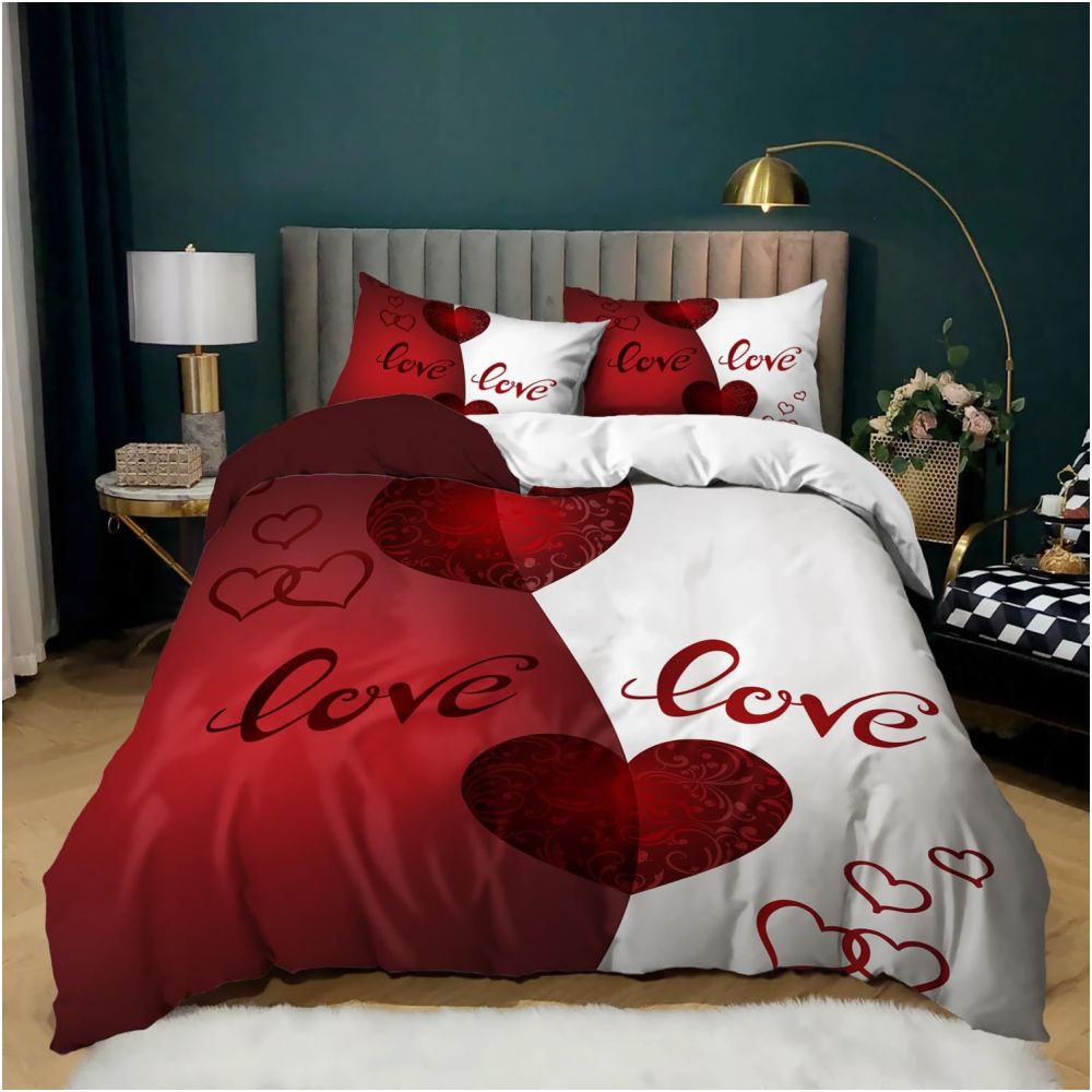 Nestfyhome Heart-Shaped Rose Print Down Duvet Cover – Brushed 3-Piece Bedding Set