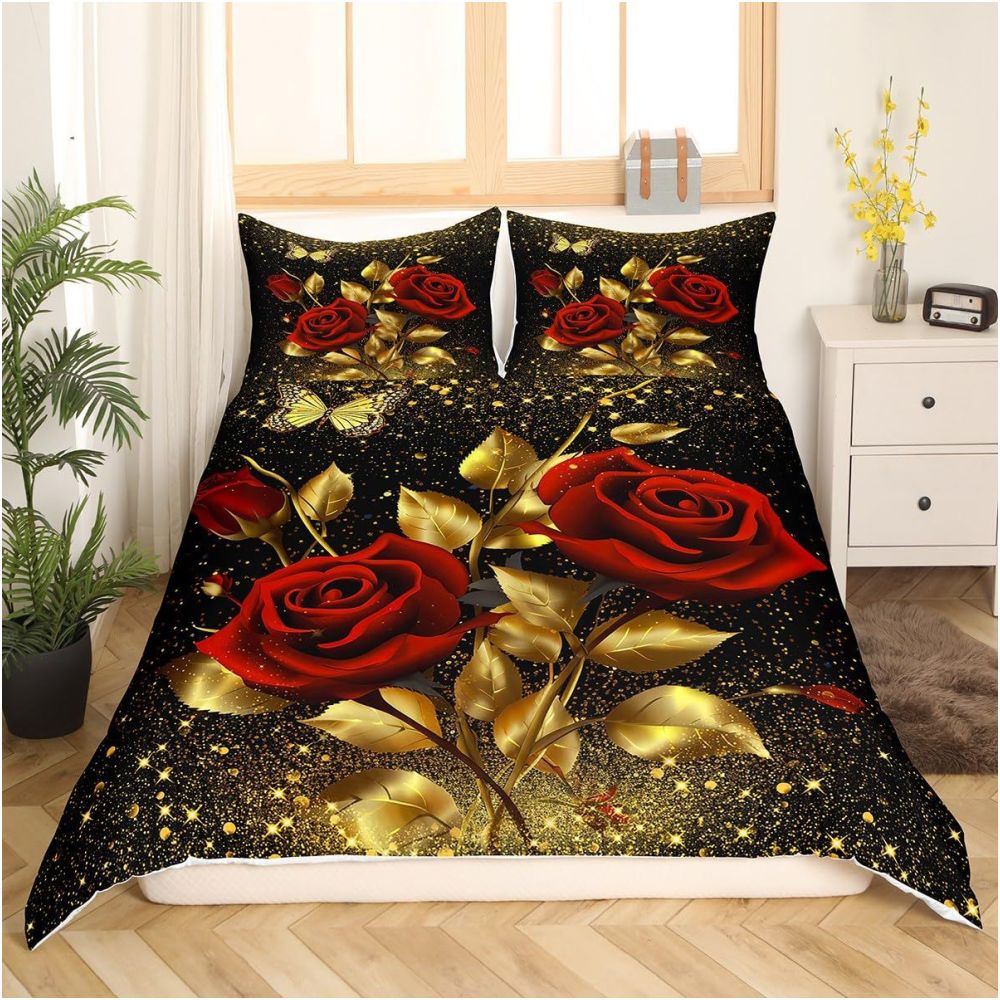 Nestfyhome Romantic Rose Gold Floral Print Down Duvet Cover – Cross-Border All-Season Bedding, Soft Bedroom & Guest Room Decor