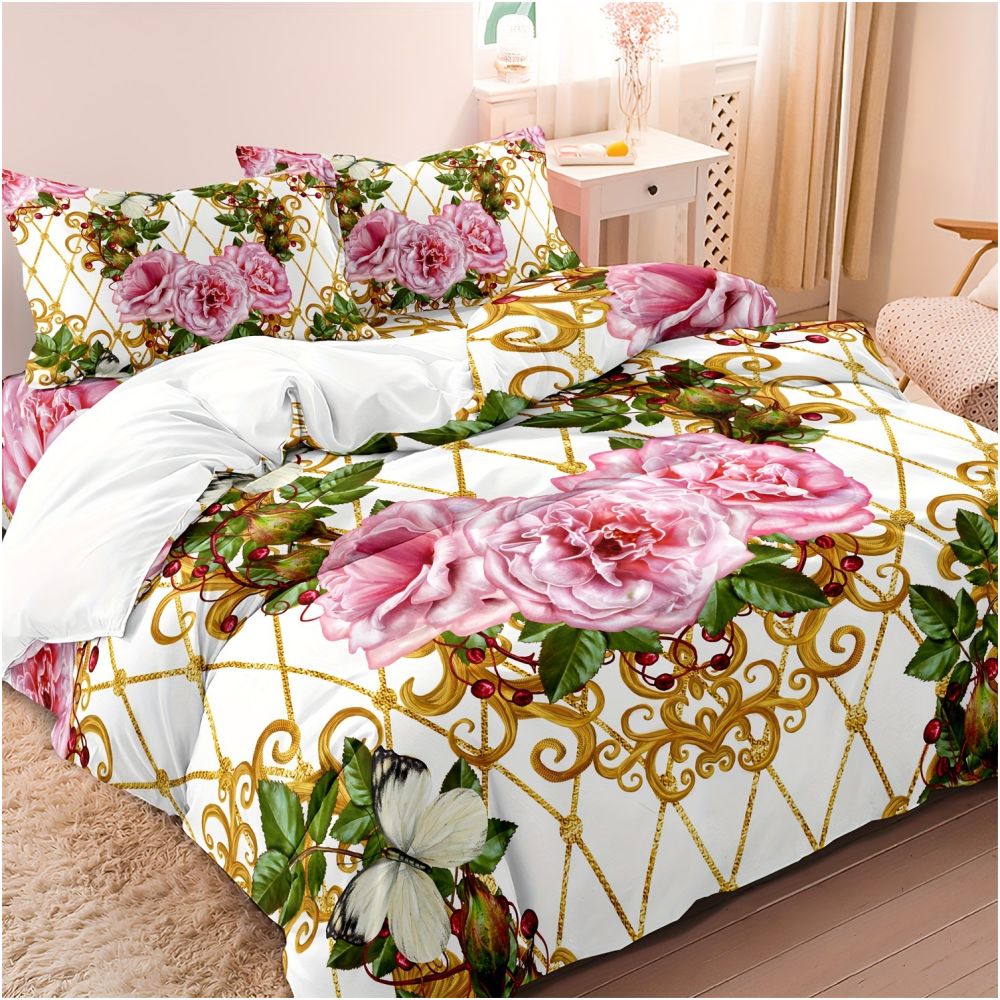 Nestfyhome Romantic Rose Gold Floral Print Down Duvet Cover – Cross-Border All-Season Bedding, Soft Bedroom & Guest Room Decor