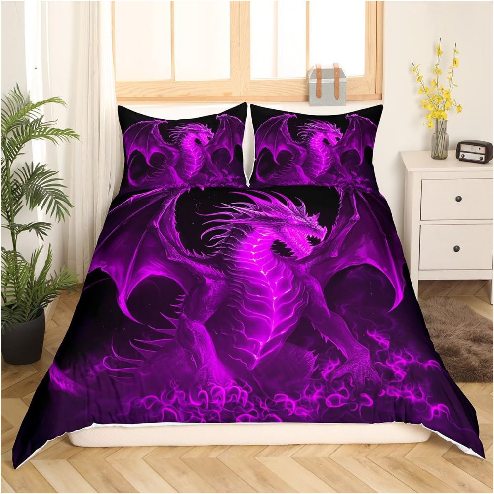 Nestfyhome Foreign Trade Cross-Border Purple Dragon Pattern Down Duvet Cover Set – 3-Piece Digitally Printed Duvet & Pillowcase, Home Textile Bedding Set