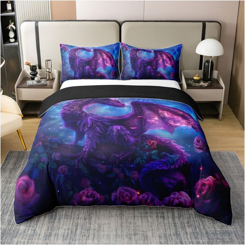 Nestfyhome Foreign Trade Cross-Border Purple Dragon Pattern Down Duvet Cover Set – 3-Piece Digitally Printed Duvet & Pillowcase, Home Textile Bedding Set