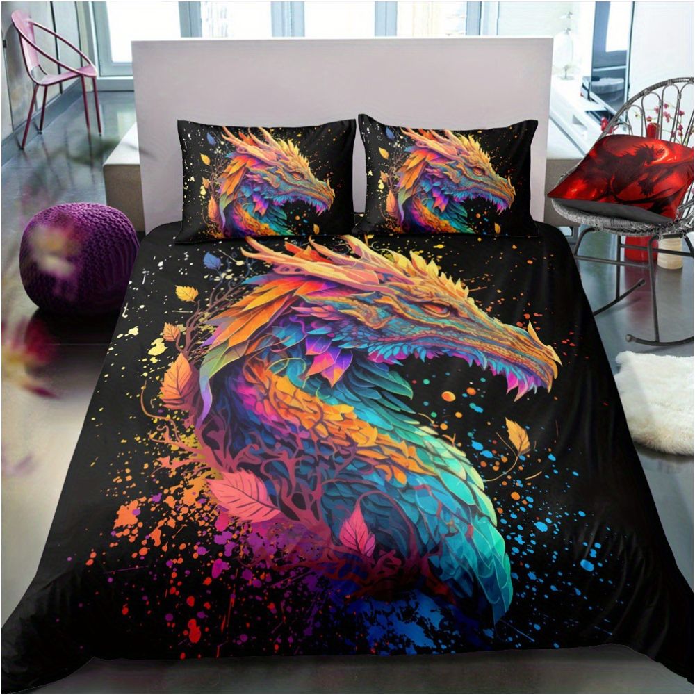 Nestfyhome Foreign Trade Cross-Border Purple Dragon Pattern Down Duvet Cover Set – 3-Piece Digitally Printed Duvet & Pillowcase, Home Textile Bedding Set