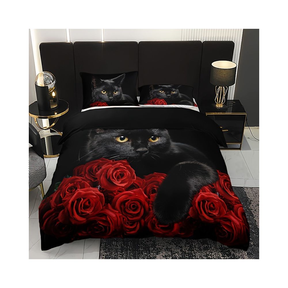 Red Rose Black Cat Digital Print Down Duvet Cover Set is Suitable for Bedroom Decoration and Bedding Cross border Trade image 1