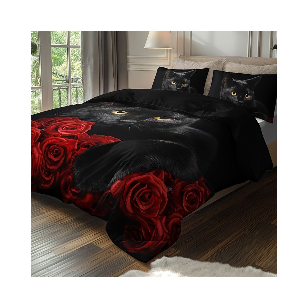 Red Rose Black Cat Digital Print Down Duvet Cover Set is Suitable for Bedroom Decoration and Bedding Cross border Trade image 2