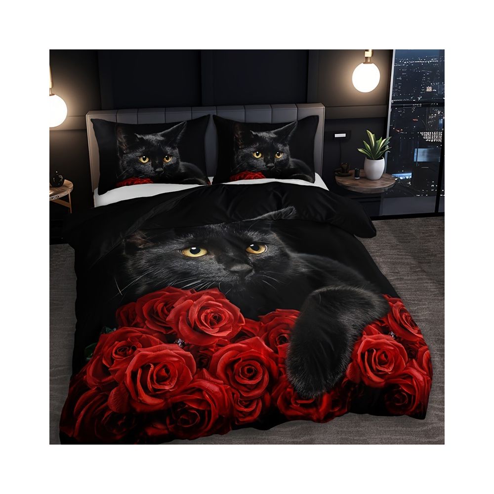 Red Rose Black Cat Digital Print Down Duvet Cover Set is Suitable for Bedroom Decoration and Bedding Cross border Trade image 3