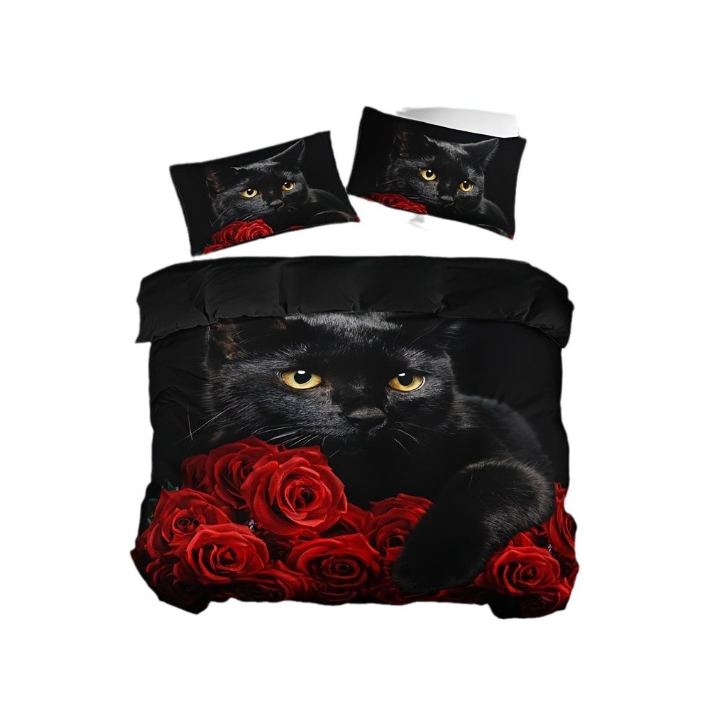 Red Rose Black Cat Digital Print Down Duvet Cover Set is Suitable for Bedroom Decoration and Bedding Cross border Trade image 4