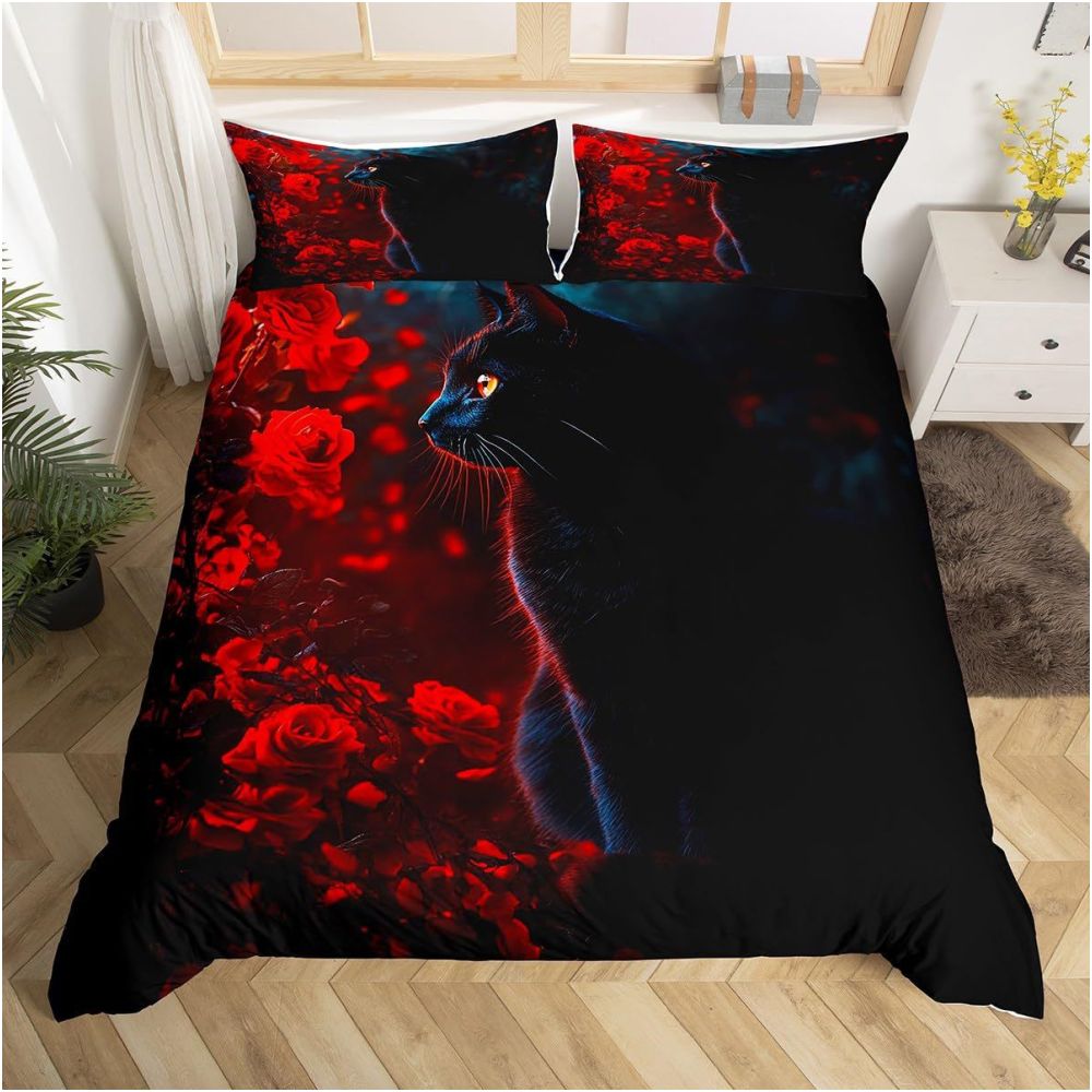 Nestfyhome Red Rose Black Cat Digital Print Down Duvet Cover Set – Suitable for Bedroom Decoration & Bedding, Cross-Border Trade