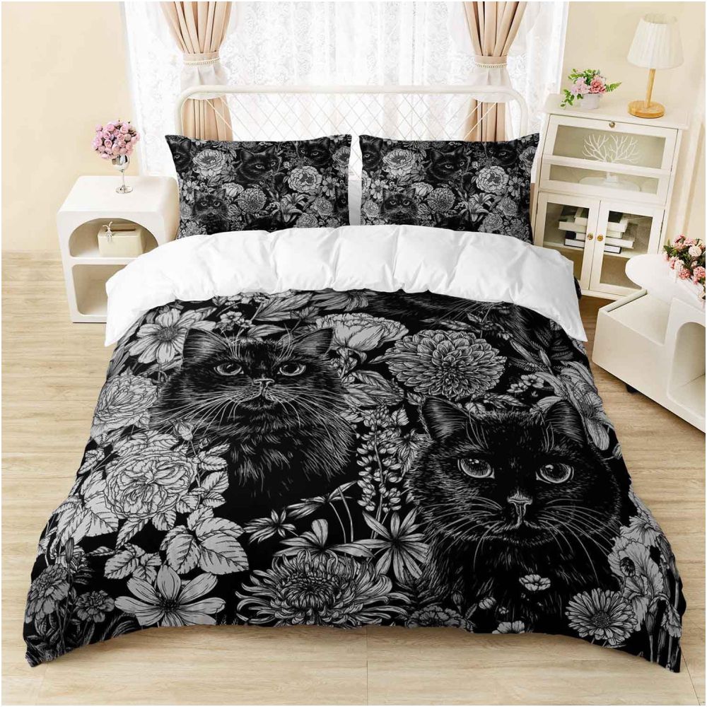 Nestfyhome Red Rose Black Cat Digital Print Down Duvet Cover Set – Suitable for Bedroom Decoration & Bedding, Cross-Border Trade