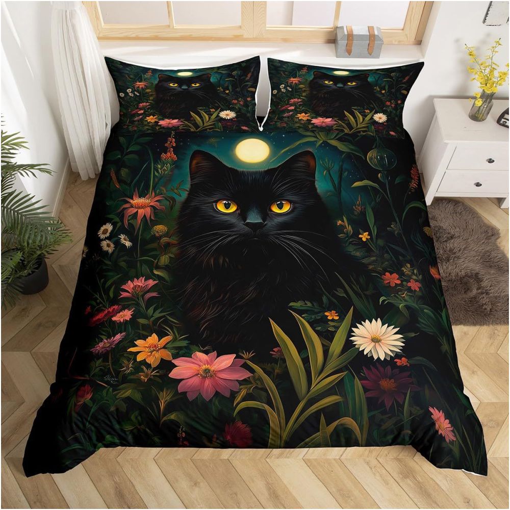 Nestfyhome Red Rose Black Cat Digital Print Down Duvet Cover Set – Suitable for Bedroom Decoration & Bedding, Cross-Border Trade