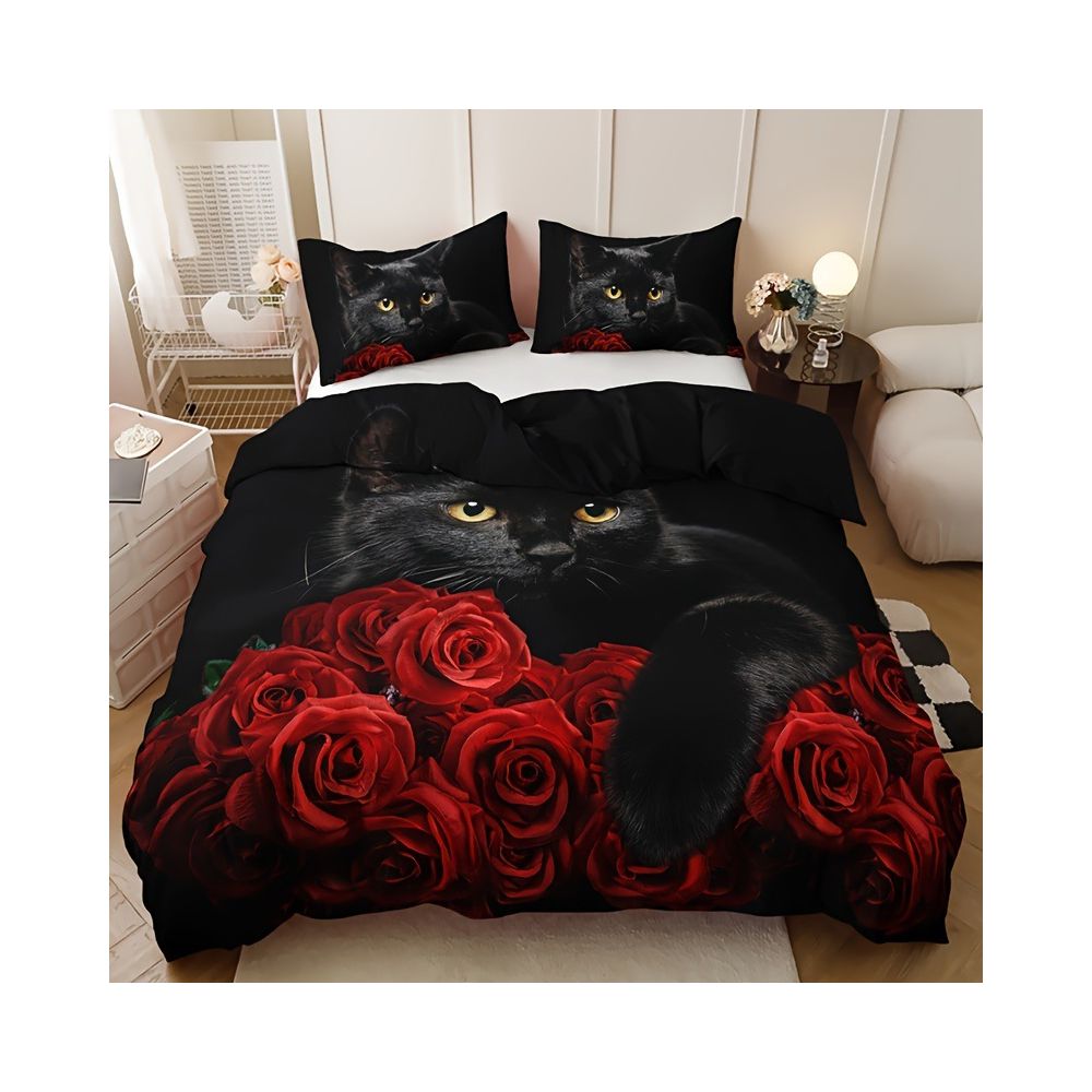 Nestfyhome Red Rose Black Cat Digital Print Down Duvet Cover Set – Suitable for Bedroom Decoration & Bedding, Cross-Border Trade