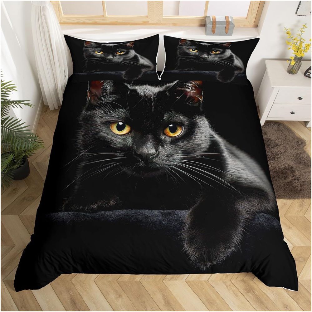 Nestfyhome Red Rose Black Cat Digital Print Down Duvet Cover Set – Suitable for Bedroom Decoration & Bedding, Cross-Border Trade