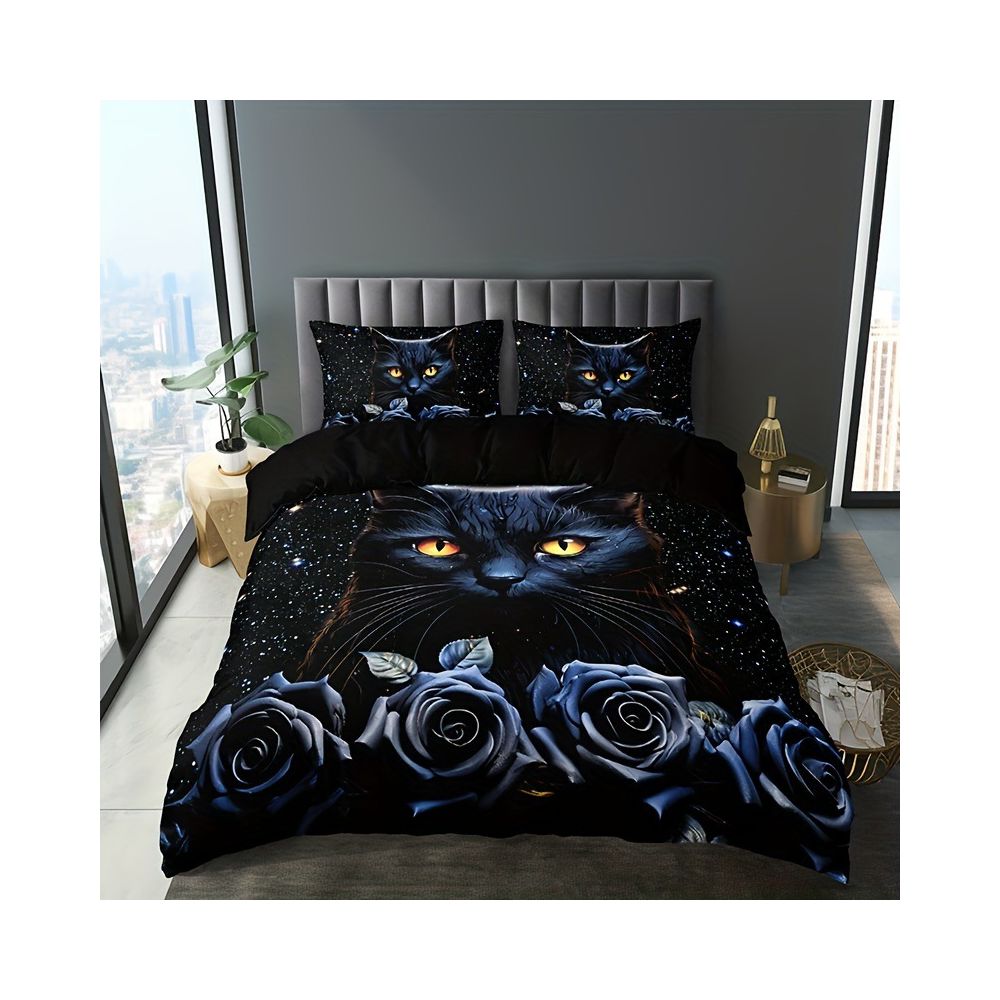 Nestfyhome Red Rose Black Cat Digital Print Down Duvet Cover Set – Suitable for Bedroom Decoration & Bedding, Cross-Border Trade