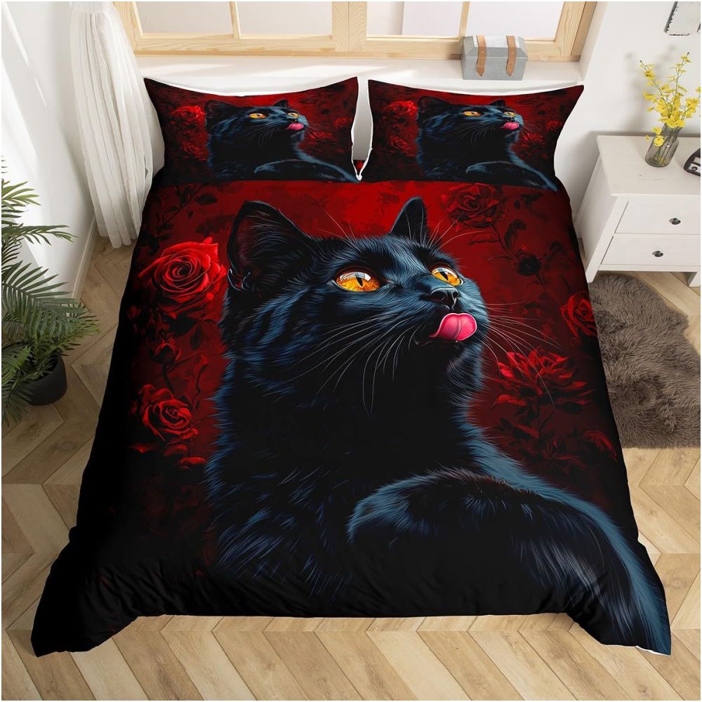 Nestfyhome Red Rose Black Cat Digital Print Down Duvet Cover Set – Suitable for Bedroom Decoration & Bedding, Cross-Border Trade